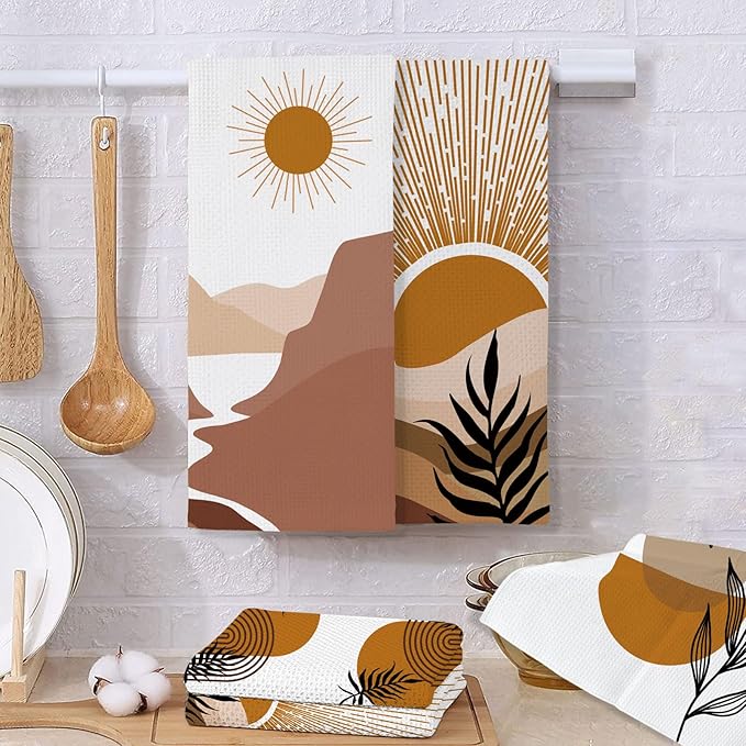Boho Kitchen Dish Towels 4 Pack Mountains Rivers Sun Absorbent Decorative Tea Towels