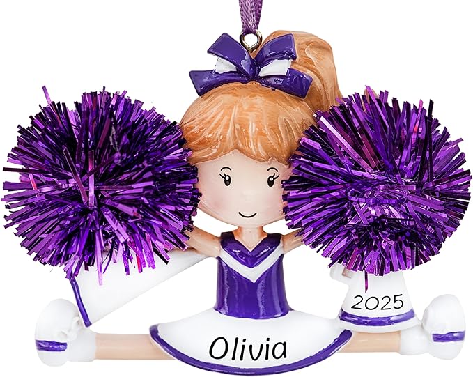 Personalized Cheerleader Christmas Ornament 2025 | Cheer Girl Dancer Cheerleading with Purple Pompom Ornament for Christmas Tree | Pom Pom Dance Gift