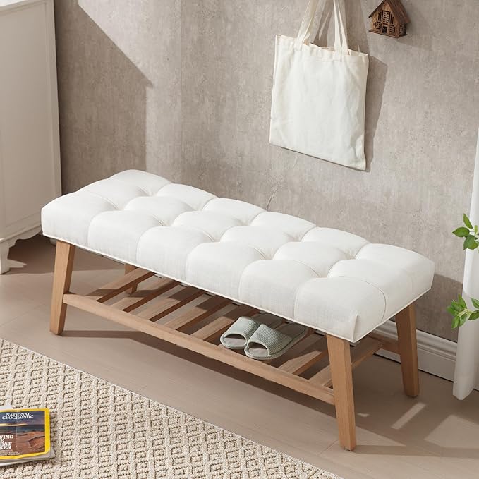 Wooden Entryway Bench for End of Bed Bench with Shoe Shelf Farmhouse Button Tufted Linen Fabric Upholstered Hallway Bench for Living Room/Bedroom/Hallway/Window Corner, Ivory