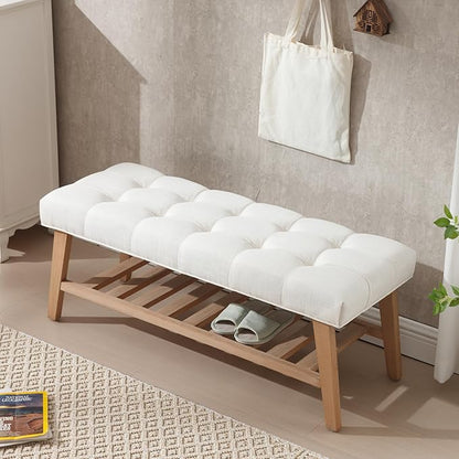 Wooden Entryway Bench for End of Bed Bench with Shoe Shelf Farmhouse Button Tufted Linen Fabric Upholstered Hallway Bench for Living Room/Bedroom/Hallway/Window Corner, Ivory