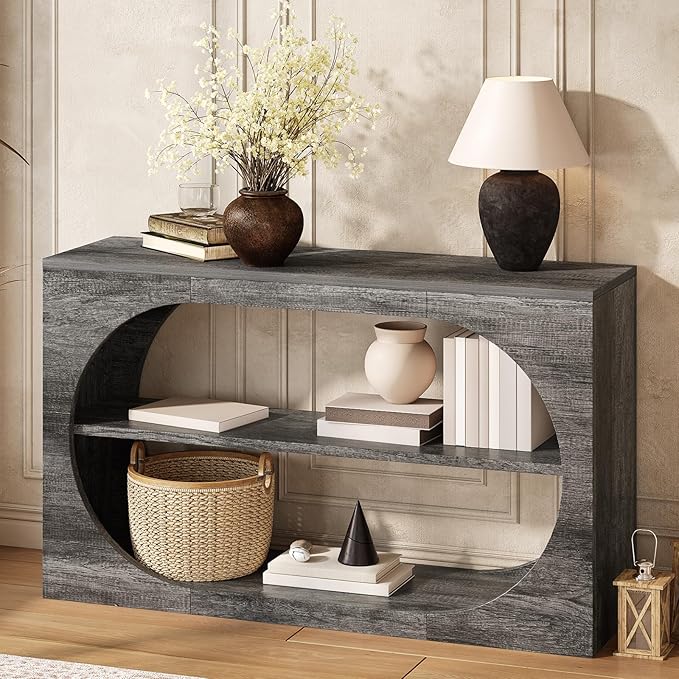 Console Table, 55-Inch Entryway Table with Storage 3-Tier Farmhouse Narrow Sofa Table Wood Foyer Table for Entryway, Hallway, Living Room, Office (Grey Oak, 55 inch)