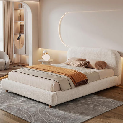 Queen Size Bed Frame, Upholstered Cloud Boucle Platform Beds Frames with Headboard, Anti-Collision Soft Rounded Corners Footboard, No Box Spring Required, Easy Assembly (35" White, Queen)