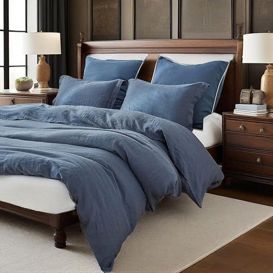 Simple&Opulence 100% Linen Duvet Cover Set, 3 PCS Classic Blue Duvet Cover King Size, Breathable Soft Comfy Linen Bedding Comforter Cover with 2 Pillowcases(Classic Blue, 104"x92")