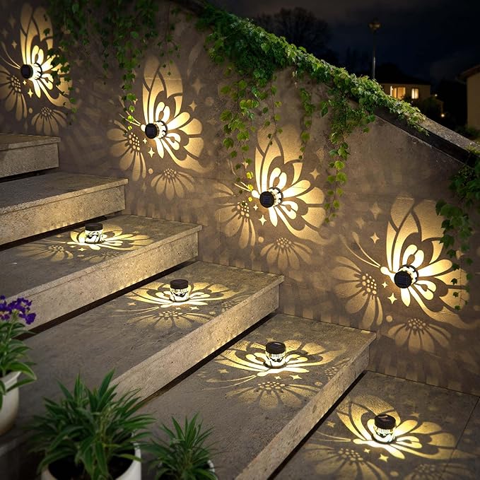 Solar Fence Lights 2 Pack Outdoor Deck Step Wall Lights Metal Waterproof LED Warm Yellow Light for Garden Post Patio Backyard Yard Decor (Butterfly-Flower, 2)