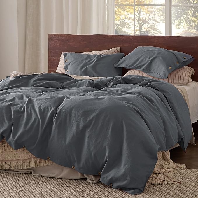 Bedsure Linen Duvet Cover Queen - Linen Cotton Blend Bedding Set, Soft & Cozy, 3 Pieces, 1 Duvet Cover 90x90 Inches and 2 Pillowcases, Charcoal Grey Color Cooling Bedding, Comforter Sold Separately