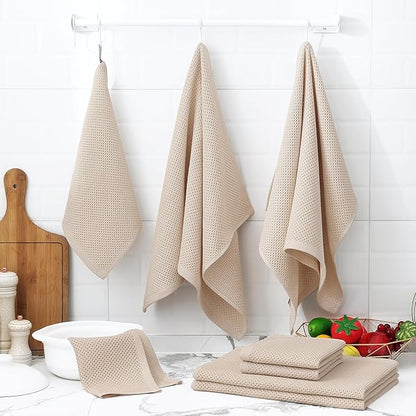Homaxy 100% Cotton Kitchen Towels and Dishcloths Set, Large 12 x 12 Inches and 20 x 28 Inches, Set of 8 Bulk Kitchen Towels Set, Ultra Soft Absorbent Dish Cloths for Washing Dishes, Beige