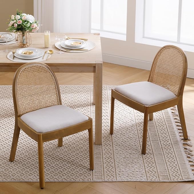 Mid Century Dining Chairs Set of 2, Rattan Linen Fabric Side Chairs Kitchen Chair with Solid Wooden Legs for Living Room Dining Room, Beige