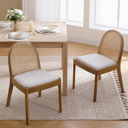 Mid Century Dining Chairs Set of 6, Rattan Linen Fabric Side Chairs Kitchen Chair with Solid Wooden Legs for Living Room Dining Room, Beige