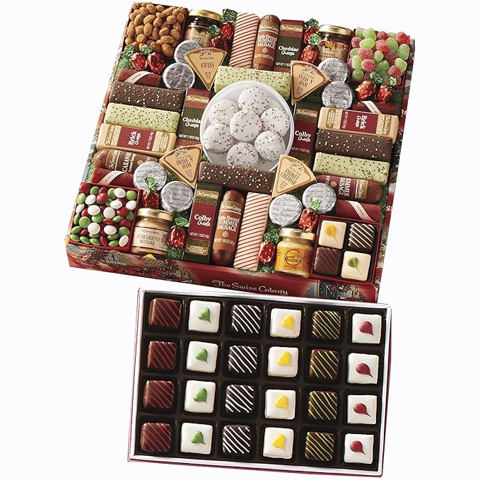 The Swiss Colony 43 Season Pleasers and Petits Fours Gift Bundle - Assorted Cheeses, Chocolates, Candies, and Summer Sausage Meats, Gourmet Chocolate and Swiss Creme Mini Layer Cakes
