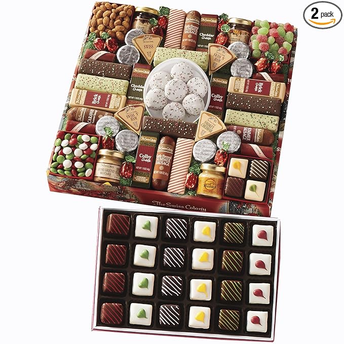 The Swiss Colony 43 Season Pleasers and Petits Fours Gift Bundle - Assorted Cheeses, Chocolates, Candies, and Summer Sausage Meats, Gourmet Chocolate and Swiss Creme Mini Layer Cakes