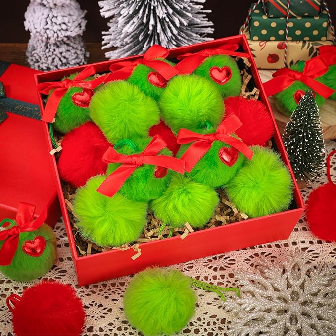 12 Pcs Lime Green and Red Furry Christmas Ball Ornaments Christmas Tree Decorations Pom Pom Ball Ornaments for Christmas Decorations Fireplace Mantel Wall Decor