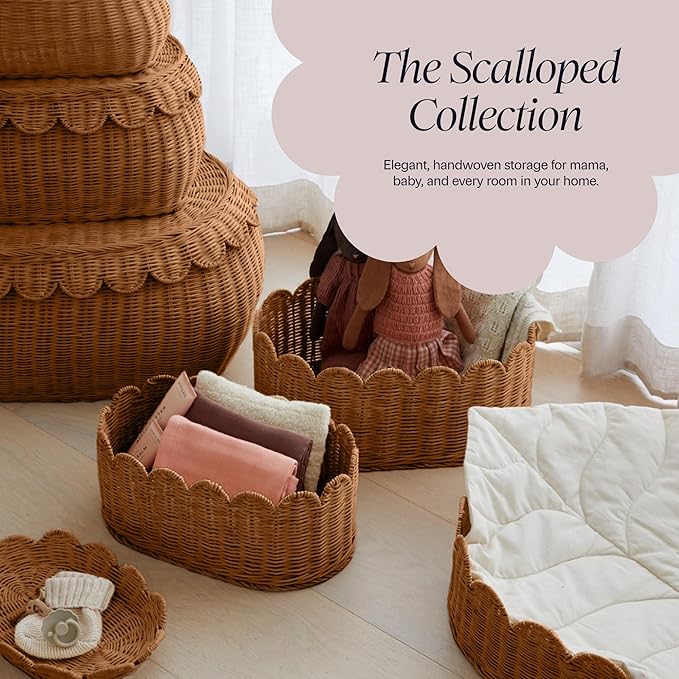 BEBE BASK Premium Scalloped Basket Set Of 2 - Scallop Basket - 16 x 10 x 7 Inch - Hand-Woven Elegant Wicker With Scalloped Edge - Nursery Storage (Mocca)