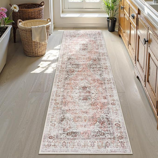 Uphome Bathroom Runner Rug, Distressed Tribal Farmhouse Blush Pink Bathroom Mat, Large Bathroom Rugs Non Slip Washable, Oriental Retro Boho Bath Mat Runner for Bathtub Sink Hallway, 24x71 inch