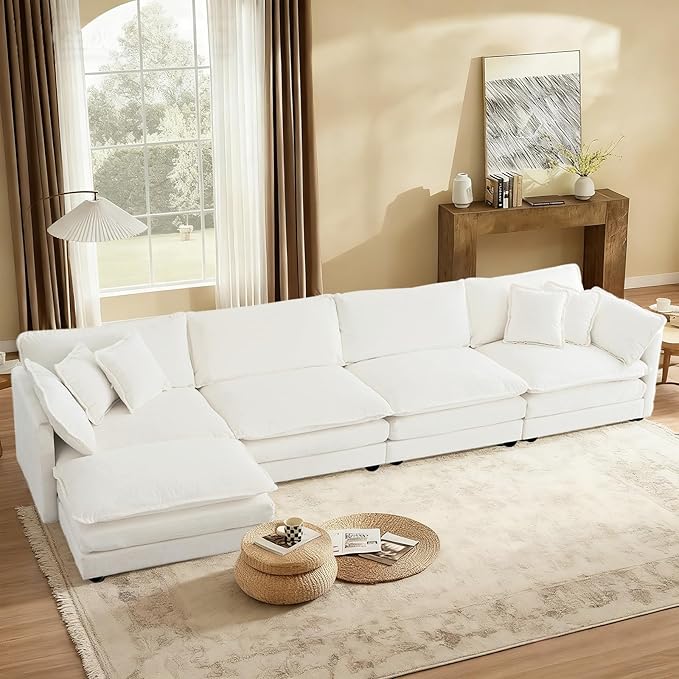 SoarFlash Chenille Sectional Sofa, Comfy L Shaped Modular Coush Sofa with Ottoman, Modern 4 Seat Couch Deep Seat Sofa Set for Living Room,White