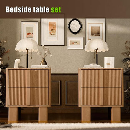 Fluted Night Stand with Charging Station, 22" Tall END Table with 2 Large Storage Drawers and 2 Widened Reinforced Legs, Modern Bedside Table for Bedroom, Living Room, Natural Oak