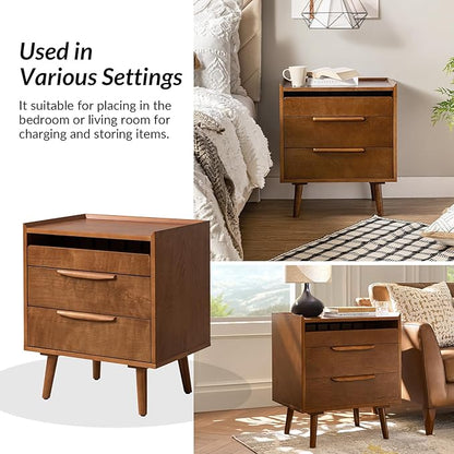 HULALA HOME Nightstand with Charging Station, Mid-Century Modern 2 Drawer and Open Shelf Bedside Tables, Wood Night Stand with USB Ports and Outlets for Bedroom Set of 2, Acorn