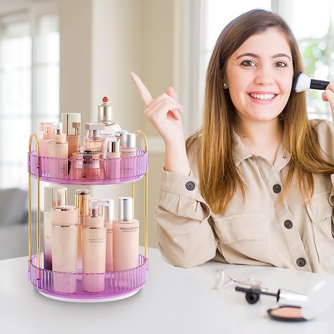 Aveniee Rotating Makeup Organizer for Vanity, Perfume Skincare Organizers Spinning, 2 Tier Bathroom Countertop Storage, Cosmetics Lipstick Holder for Counter Dresser,Purple