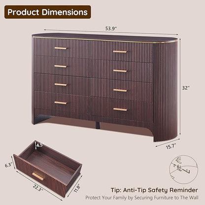 Fluted 8 Drawer Dresser for Bedroom with Curved Profile Design,53.9" W Wide Chest of Drawers with Reeded Front Panels,Wide Storage Cabinet with Smooth-Glide Drawers for Living Room,Brown Oak