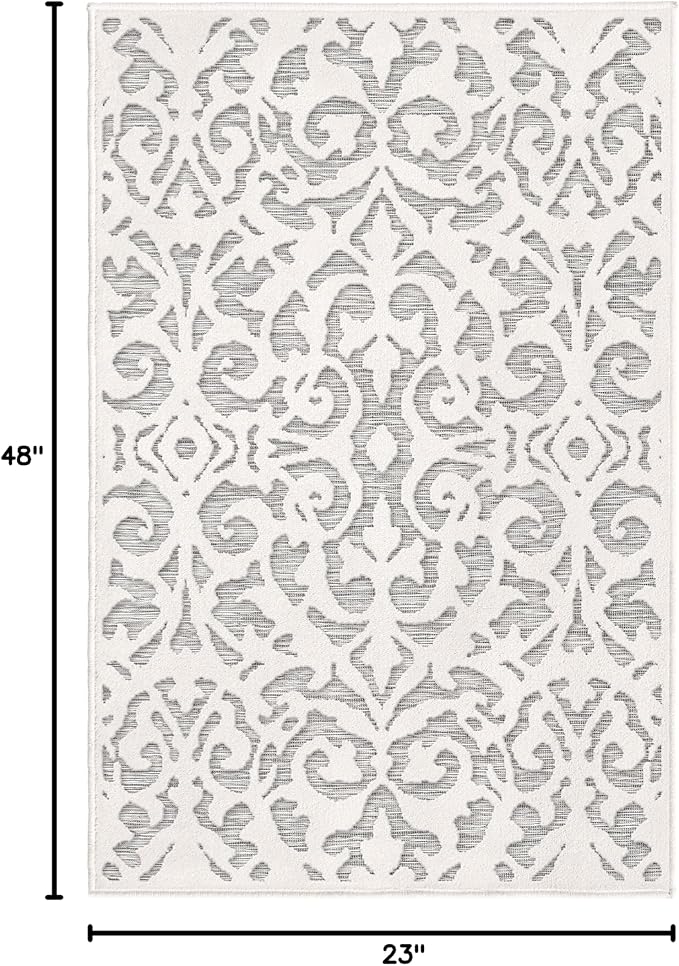 Orian My Texas House Lady Bird Rug 1.11x4 Rectangle High-Low Floral Indoor Outdoor, Natural Grey