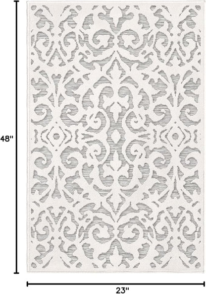 Orian My Texas House Lady Bird Rug 1.11x4 Rectangle High-Low Floral Indoor Outdoor, Natural Grey