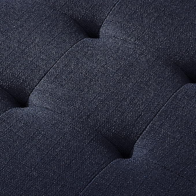24KF Large Rectangular Upholstered Tufted Linen Fabric Ottoman Bench, Padded Bench with Solid Wood Shelf-Navy Blue
