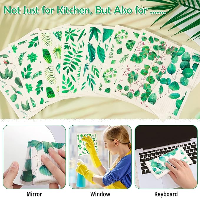 Lucomb Swedish Dish Cloths 8 Pack Washable Reusable Cleaning Kitchen Sponge Dishcloths Fast Drying Plants Print
