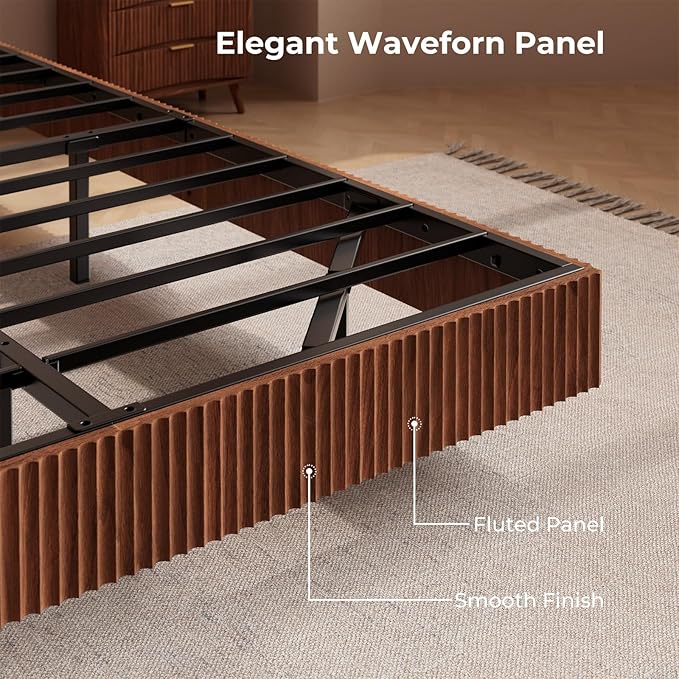 Evermagin Walnut Full Floating Bed Frame with led Lights, Mid Century Modern Fluted Floating Platform Bed No Headboard, Heavy Duty Metal Float Bedframe, No Box Spring Needed