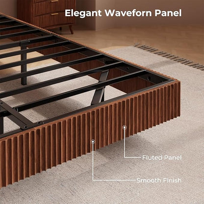 Evermagin Walnut Full Floating Bed Frame with led Lights, Mid Century Modern Fluted Floating Platform Bed No Headboard, Heavy Duty Metal Float Bedframe, No Box Spring Needed