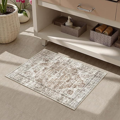 Uphome Boho Bathroom Rugs, Distressed Farmhouse Khaki Bath Mat, Comfy Velvet Small Bath Rugs Non Slip Washable, Vintage Oriental Toilet Rug for Sink Shower Vanity, 20x32 inch