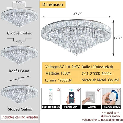 47'' Modern Chandeliers LED Dimmable Crystal Flush Mount Ceiling Chandeliers for Living Room High Ceiling Entrance Foyer Lobby Bedroom Silver