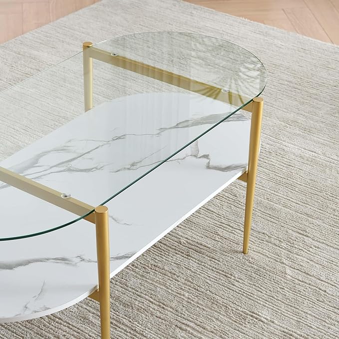 Oval Coffee Table, Mid-Century Modern Design, L41 x W21 x H17 inch, for Living Room, Clear Glass Top, White Marble Finish Wood Shelf & Gold Finish Frame
