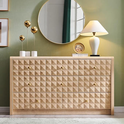 Modern 8 Drawer Dresser for Bedroom, Wooden Large Dressers &Chests of Drawers w/2 Different Drawer Sizes, Mid Century Modern Dresser w/Diamond Panel Decorate for Bedroom, Curved Profile Design,Natural