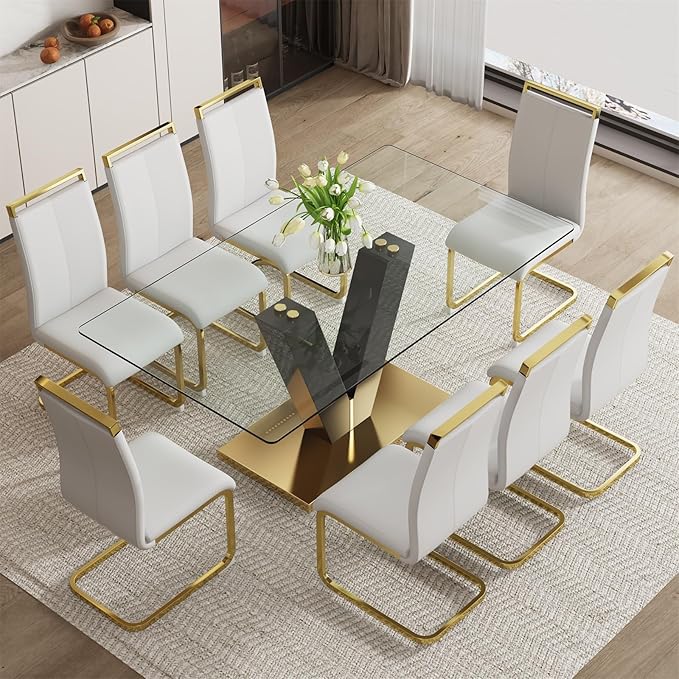71" Glass Dining Table Set for 8, Dining Table Set for 8, Modern Kitchen Table and 8 Chairs,Tempered Glass Tabletop and MDF Base,Dining Room Table Set for 8