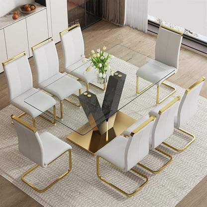 71" Glass Dining Table Set for 8, Dining Table Set for 8, Modern Kitchen Table and 8 Chairs,Tempered Glass Tabletop and MDF Base,Dining Room Table Set for 8