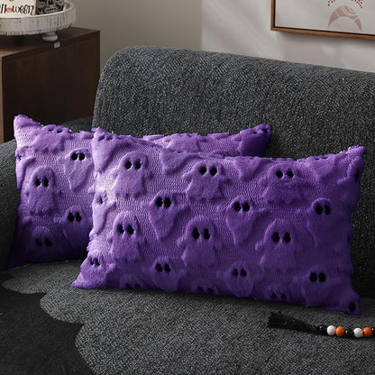 DFXSZ Halloween Pillow Covers 12x20 inch Set of 2 Purple Ghost Throw Pillow Cases Soft Plush Faux Fur Wool Cushion Case for Chair Bedroom Living Room Home Decor PTK03E12