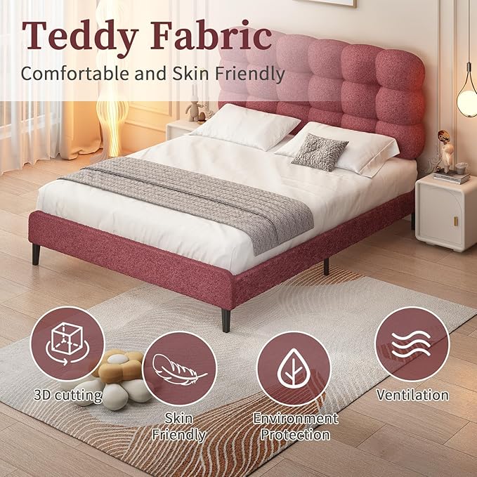 BarnFurin Full Size Bed Frame with Upholstered Headboard, Teddy Soft Boucle Fabric Platform, Bed with Strong Wooden Slats Support, Two Bed Forms Design, No Boxing Spring Needed, Easy Assembly, Rose