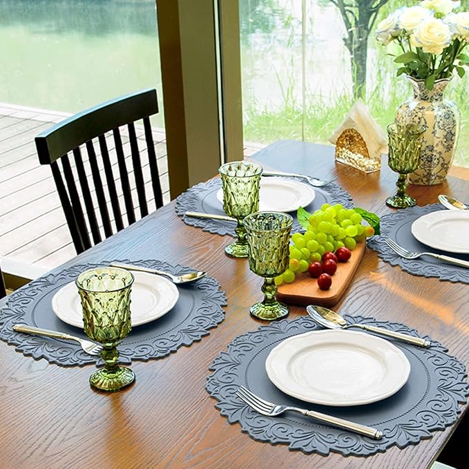 Noctiflorous Round Faux Leather 15 Inch Placemats Set of 6 Waterproof Wipeable Heat Resistant Tablemat for Dining Table Kitchen Non Slip Washable Oilproof Table Place Mat for Indoor Outdoor(Blue, 6)