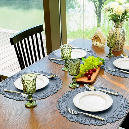 Noctiflorous Round Faux Leather 15 Inch Placemats Set of 6 Waterproof Wipeable Heat Resistant Tablemat for Dining Table Kitchen Non Slip Washable Oilproof Table Place Mat for Indoor Outdoor(Blue, 6)