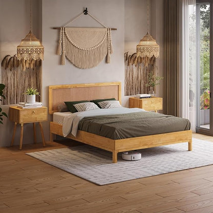 Bme Nipe Bed Frame with Headboard, Bohemian and Mid-Century Modern Style, Solid Rubber Wood Platform Bed with Slat Support, No Box Spring Needed, Easy Assembly, Queen - Light Natural