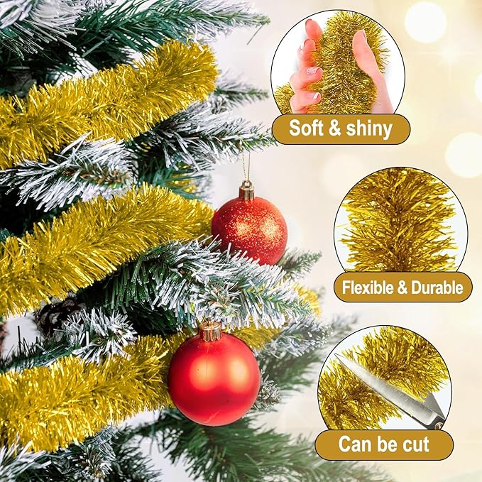 50 Feet Gold Christmas Tinsel Garland, Metallic Foil Twist Garland Wall Hanging Tinsel Banner Backdrop for Parade Floats, Easter, Mother's Day, Wedding Party Decorations (2in x 50ft)
