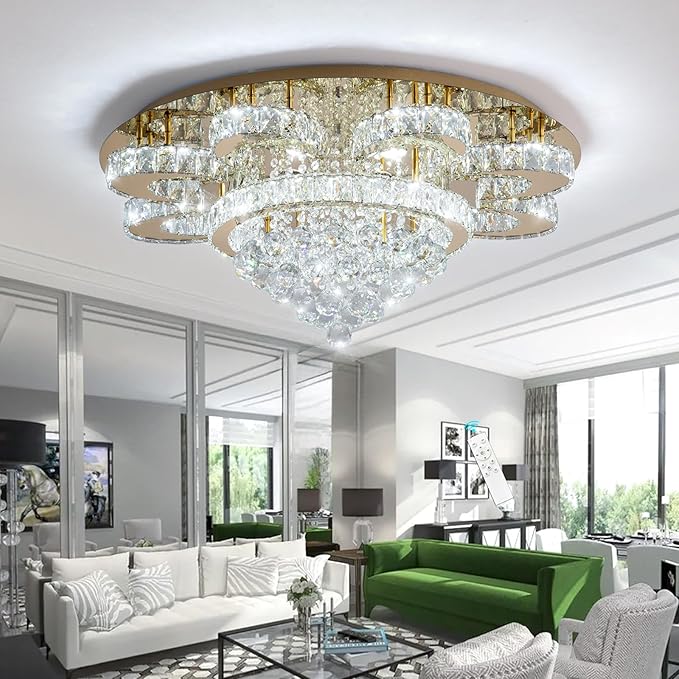 Modern Chandelier Living Room Glam Chandeliers Ceiling Light Fixture Remote Dimmable Lights 32 Inches Luxury Crystal Gold Light