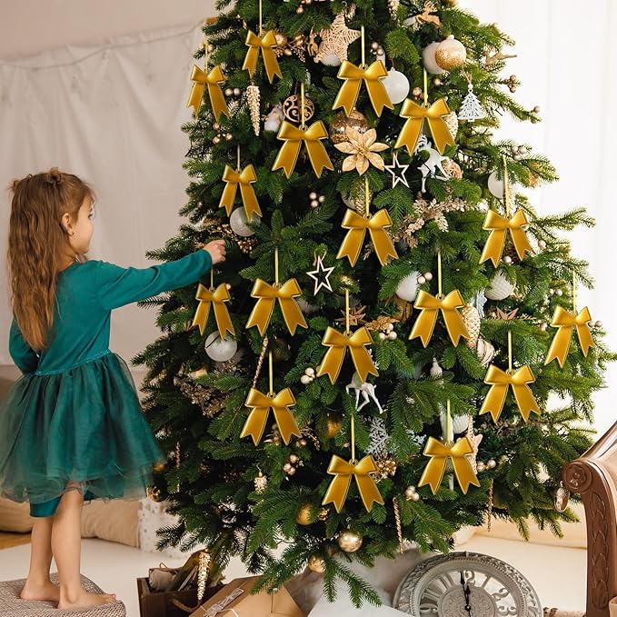 12 Pcs 2025 Christmas Metal Bow Ornaments Bulk for Christmas Tree Garland Wreath Fireplace Vintage Gold Bow Ornaments Indoor Outdoor Home Xmas Party Decorations