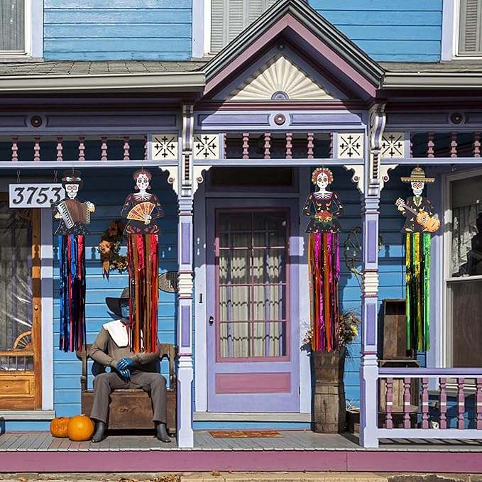 codree 4 PCS Large Day of The Dead Sugar Skull Hanging Decorations-39x8.6 Inch Dia De Los Muertos Hanging Decorations for Day of The Dead Halloween Party Home Outdoor Decor