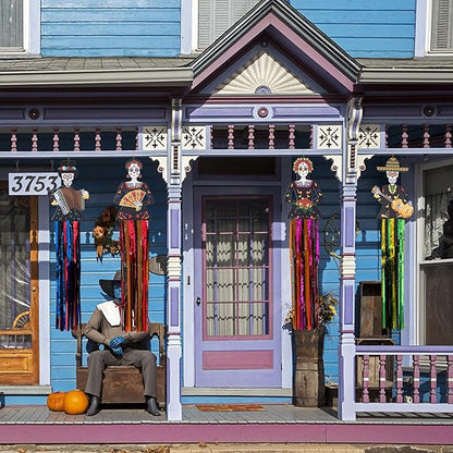 codree 4 PCS Large Day of The Dead Sugar Skull Hanging Decorations-39x8.6 Inch Dia De Los Muertos Hanging Decorations for Day of The Dead Halloween Party Home Outdoor Decor