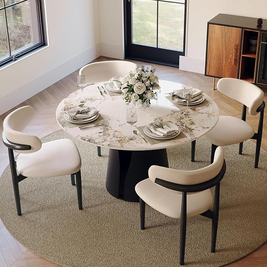 POVISON Round Dining Table for 4, 47" Modern Dining Table, Pandora Sintered Stone Dining Tabletop with Black Carbon Steel Pedestal (Dining Room Table Only)