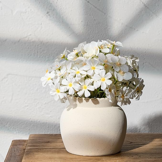 SIDUCAL Ceramic Flower Vase with Wide Mouth Lace, 4.8 Inch Pottery Rustic Farmhouse Boho Vases, Small Terracotta Vase for Home Decor, Table, Living Room, Bathroom, Shelf, Wedding, White