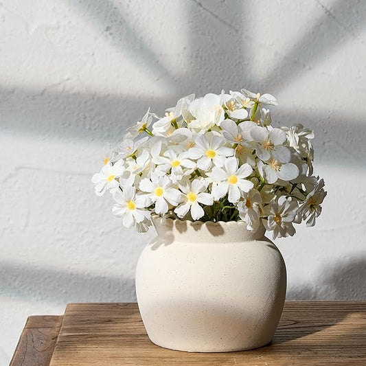 SIDUCAL Ceramic Flower Vase with Wide Mouth Lace, 4.8 Inch Pottery Rustic Farmhouse Boho Vases, Small Terracotta Vase for Home Decor, Table, Living Room, Bathroom, Shelf, Wedding, White