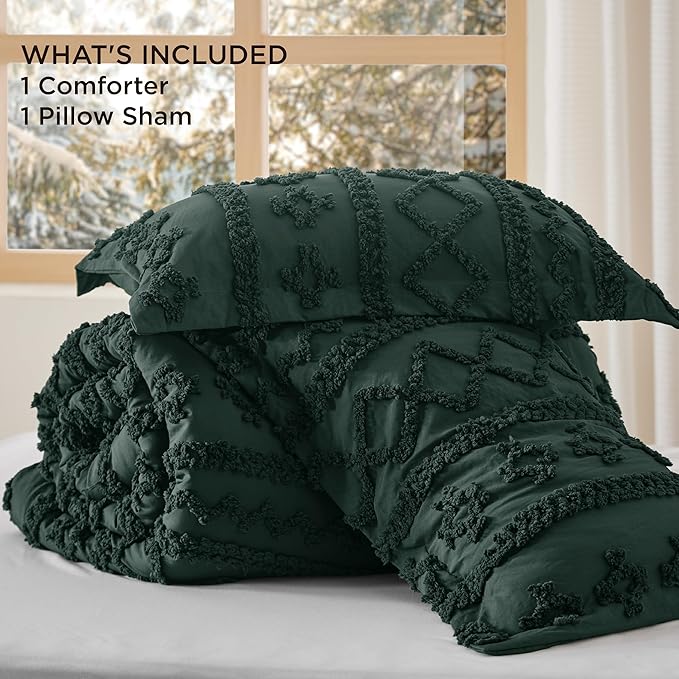 Bedsure Tufted Boho Comforter Set Twin Size - Emerald Green Boho Bed Set, GentleSoft™ 2 Pieces Farmhouse Shabby Chic Embroidery Bedding, Gifts for Woman, Soft Jacquard Twin Comforter for All Seasons