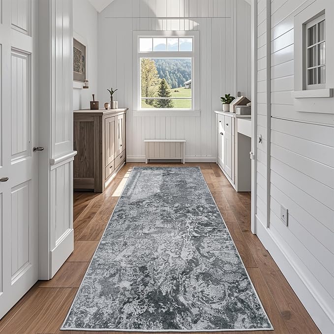 Runner Rug for Hallways Kitchen 2'6"x8' Washable Non Slip: Carpet Non Skid 8ft Entryway Rubber Backed 8 Feet Neutral Abstract Modern Rug Low Pile Pet Friendly Indoor Black