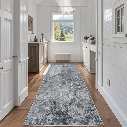 Runner Rug for Hallways Kitchen 2'6"x8' Washable Non Slip: Carpet Non Skid 8ft Entryway Rubber Backed 8 Feet Neutral Abstract Modern Rug Low Pile Pet Friendly Indoor Black